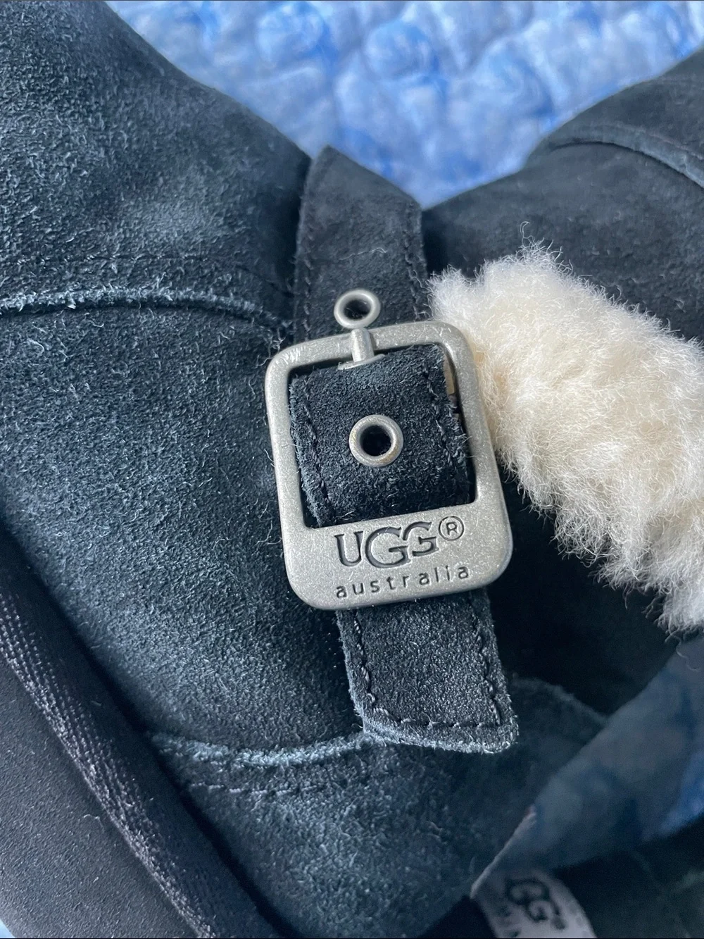 UGG Black Suede Shearling-Trim Buckle Mid-Calf Boots